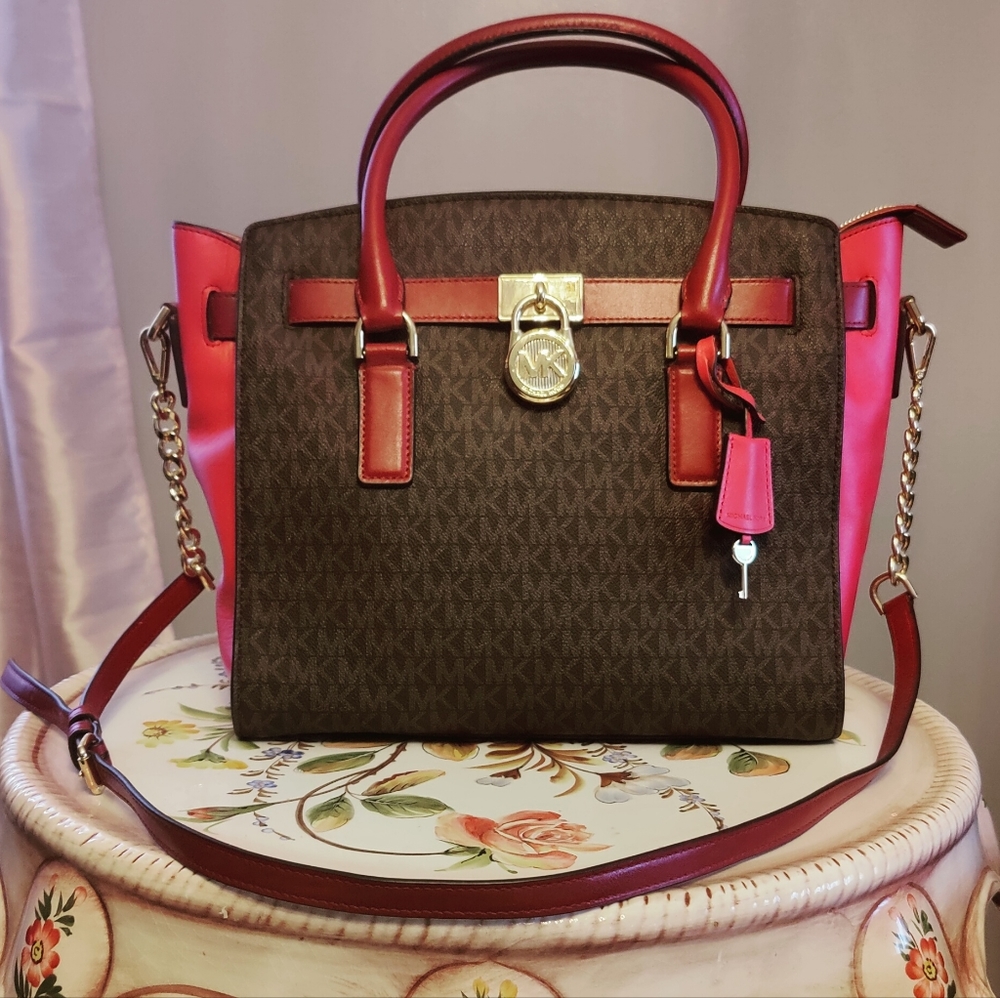 Michael Kors Studio Hamilton East West Large Satchel Leather Brown Burgundy